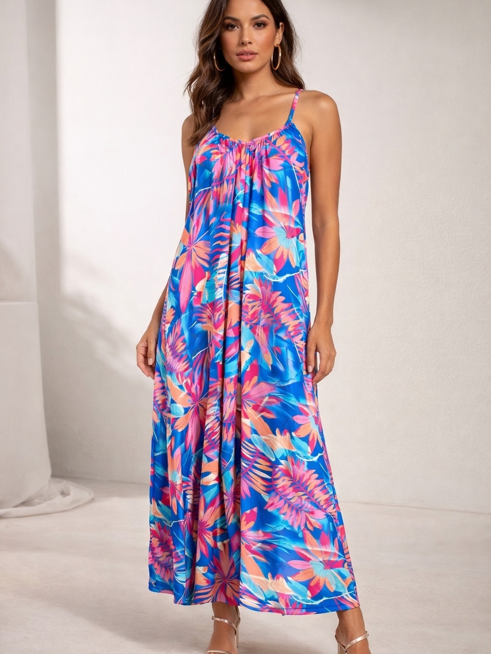 Free Size Tropical Blue & Pink Floral Maxi Dress